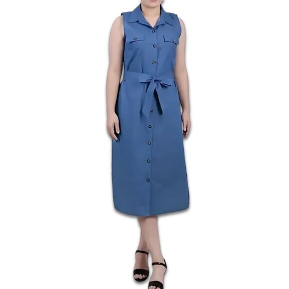 NY Collection Chambray Midi Dress Belted Waist Sleeveless Breathable Blue MP NWT - Picture 1 of 10